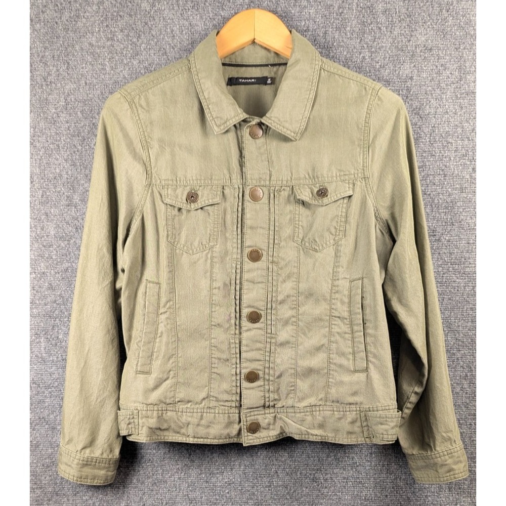 TAHARI Olive Green Utility Trucker Jacket Army Lyocell Lightweight Womens Medium